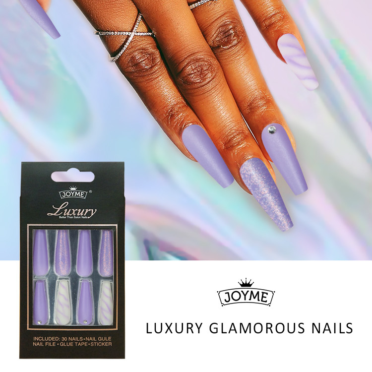 Fashionable Long Coffin Glitter With Crystal Stone Ballerina Nail Tips