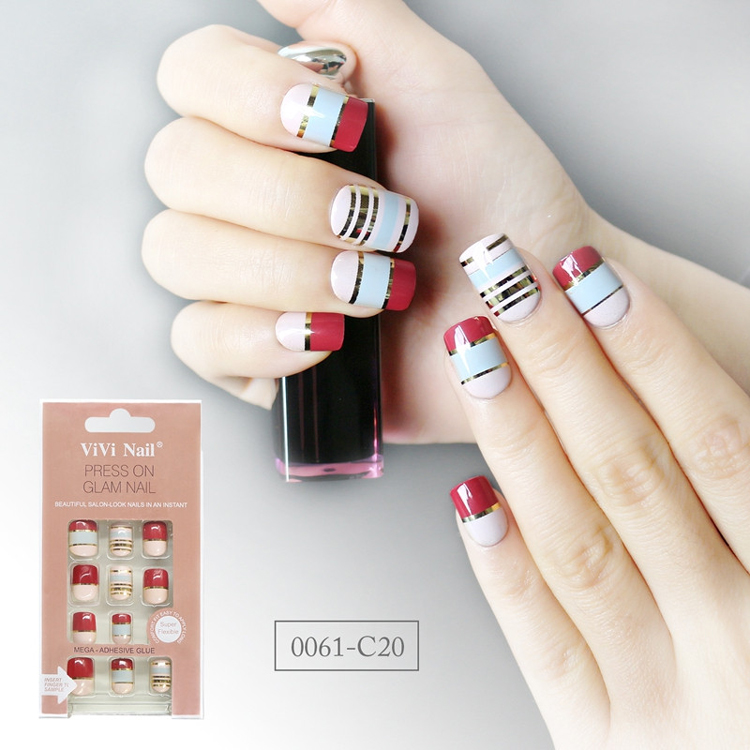 Square Shape Nail Supplier Red And Blue With Metallic Gold Strip Press On Nail