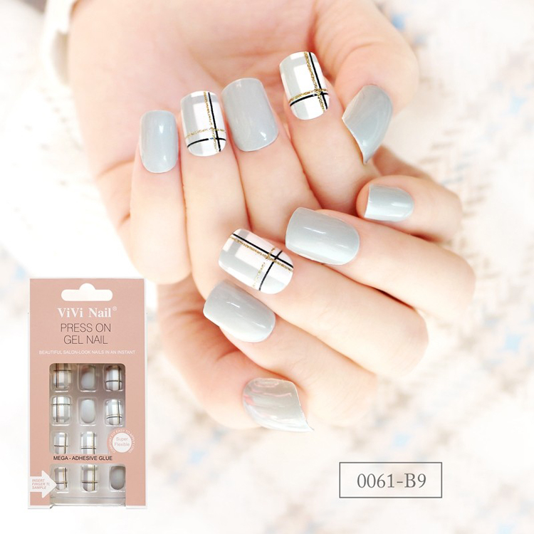 Square Shape Nail Lattice Design Gray And White Press On Nail