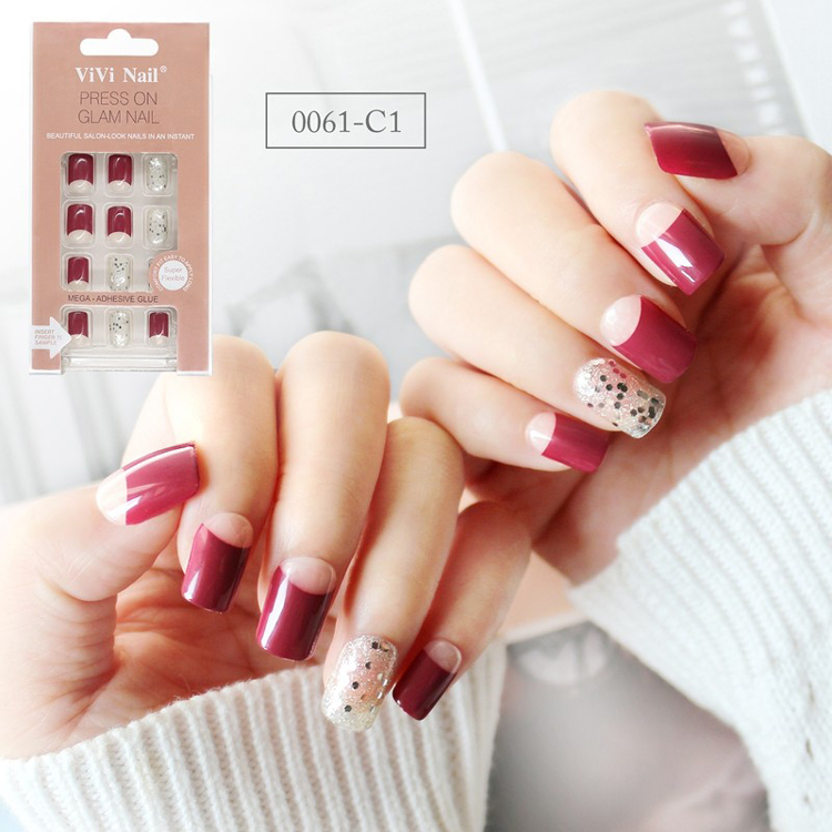 Square Shape Nail Supplier Red French With Glitter Press On Nail