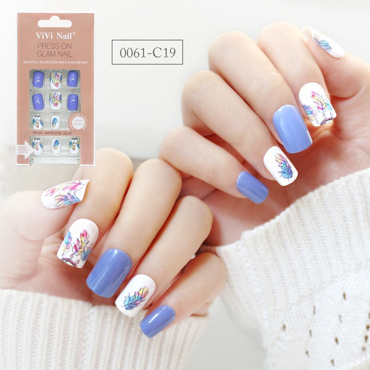 Square Shape Nail Supplier Blue Flower Press On Nail