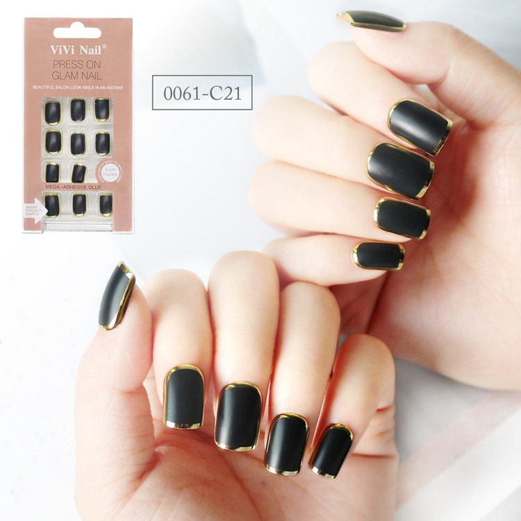 Square Shape Nail Supplier Black With Metallic Strip Press On Nail