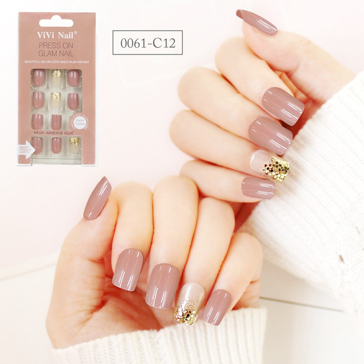 Square Shape Nail Supplier Nude With Glitter Press On Nail