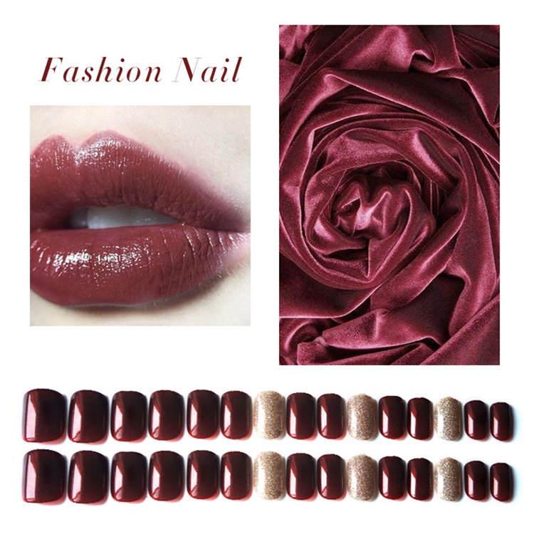 Square Wine Red Color Glitter Press On Nail