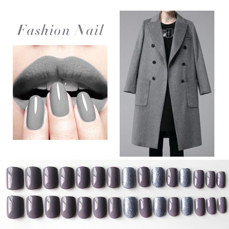 Square Gray Purple Glitter Nail