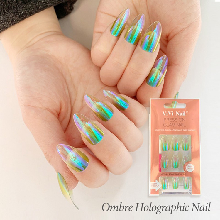 Newair Fashion Trend Press On Artificial Stiletto Nails With Obmer Hologram Nails