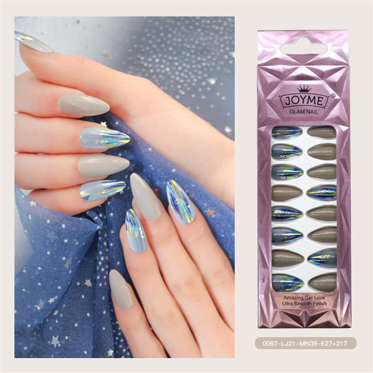 Metallic Nail Tip Blue Grey Long Shape Nails