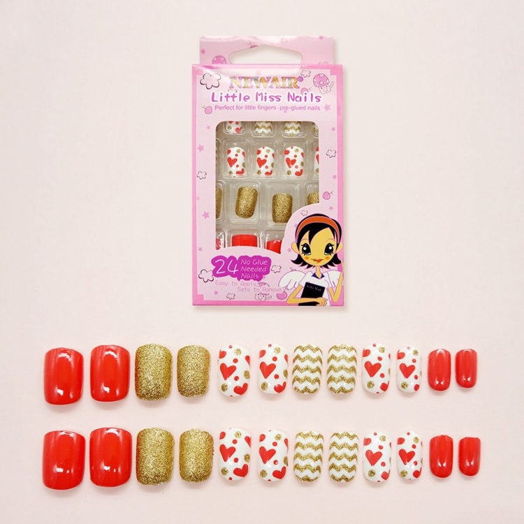 Kids Hot Selling Heart Print Artificial Nails Kids False Nail Tips